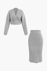 Klara | Elegantes Strick-Set mit Wickel-Oberteil & Bleistiftrock – Beige