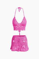 Marina | Häkel-Zweiteiler mit Crop-Top & Minirock – Heißes Rosa