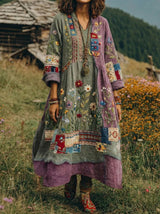Eresha - Lässiges Langarm Kleid Mit Blumenmuster – Grau-Violett