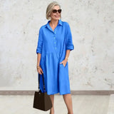 Amelia - Baumwoll-Leinen Freizeitkleid – Blau