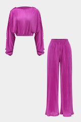 Kendall | Elegantes Plissee-Zweiteiler-Set mit Crop-Top & Weithose – Tiefes Magenta