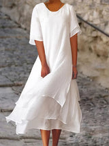 Doppeltes Baumwoll-Leinen-Kleid für Frauen | Midi – Weiß