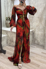 Sofia - Plissiertes, schulterfreies Kleid mit Blumenmuster – Rotwein