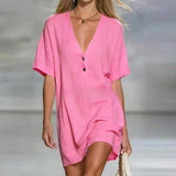Fabiana | Damen V-Ausschnitt Kurzarm Minikleid – Rosa