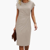 Fabrizia | Damen Rundhals Kurzarm Midi Kleid – Beige