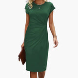 Fabrizia | Damen Rundhals Kurzarm Midi Kleid – Dunkelgrün