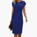 Fabrizia | Damen Rundhals Kurzarm Midi Kleid – Marine Blau