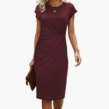 Fabrizia | Damen Rundhals Kurzarm Midi Kleid – Braun