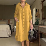 Lissabon™ Kleid aus Baumwoll-Leinen mit tailliertem Kragen / Das Couture-Kleidungsstück für die moderne Frau! – Gelb