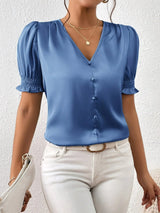 Abella – Elegante Bluse Mit V-Ausschnitt Und Puffärmeln – Hellblau