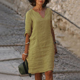 Lola - Lässiges V-Ausschnitt-Kleid – Khaki