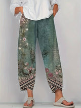 Thimasha - Caprihose Im Vintage Blumenmuster Mit Elastischem Bund – Grün