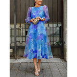 Amalia - Rosa geblümtes Midi-Gästekleid – Blau
