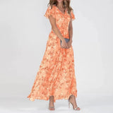 Damen Maxikleid Baumwolle Blumenmuster V-Ausschnitt Sommerlook – Orange