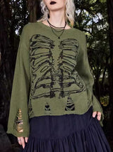Halloween-Skelett Dunkler Stil Rissiger Langarm-Pullover – Grün