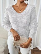 Aderah - Lockere Passform V-Ausschnitt Pullover – Hellgrau
