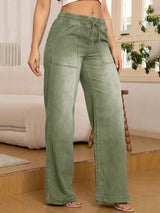 Verstellbare Kordelzug Taille Weite Bein Jeans für Frauen – Grün