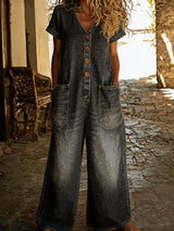 Denise | Denim-Overall mit V-Ausschnitt und kurzen Ärmeln – Schwarz