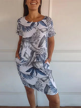 Damen Baumwolle Leinen Bedrucktes Sommerkleid mit Taschen – Weiß Stil 2