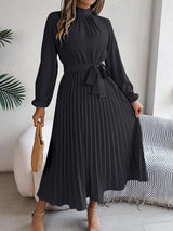 Damen Langarm Falten Kleid mit Gürtel – Schwarz