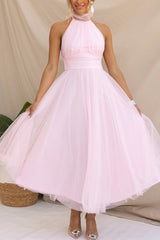 Elegantes Tüllkleid – Halterneck Midikleid mit A-Linie & Schleierkragen – Rosa