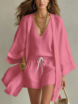 Antje | 3-teiliges Set mit Cardigan und Shorts – Rosa