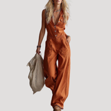Fiora | Damen Jumpsuit Weites Bein Ärmellos V-Ausschnitt – Orange