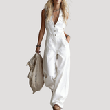 Fiora | Damen Jumpsuit Weites Bein Ärmellos V-Ausschnitt – Weiß