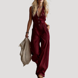 Fiora | Damen Jumpsuit Weites Bein Ärmellos V-Ausschnitt – Dunkelrot