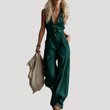 Fiora | Damen Jumpsuit Weites Bein Ärmellos V-Ausschnitt – Grün