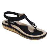 Flache Damen-Sandalen mit T-Riemen und Metalldetail – Schwarz