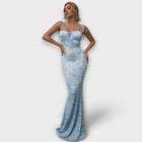 Thalia - Floral Print Prom Dress with Tied Shoulder Straps – Blau
