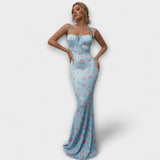 Thalia - Floral Print Prom Dress mit gebundenen Schulterträgern – Blau
