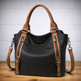 Franka | Damen Schultertasche mit Verstellbarem Riemen – Schwarz Mit Braun