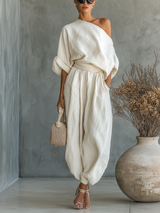 Franziska | Damen Schulterfreies Langarm Outfit Set – Weiß