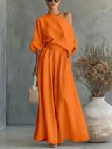 Franziska | Damen Schulterfreies Langarm Outfit Set – Orange