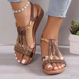 Freya | Damen Riemchen Sandalen mit Blumenmuster – Braun