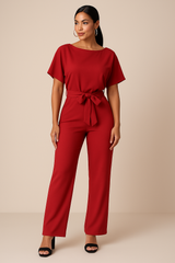 Frieda | Damen Kurzarm Jumpsuit Weites Bein – Rot