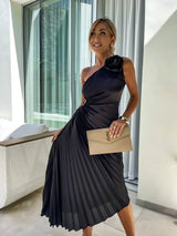 Midi Kleid für Frauen - Rosen Detail - A-Linie – Schwarz