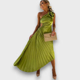 Lunelle – Asymmetrisches Kleid mit Rosendetail – Grün