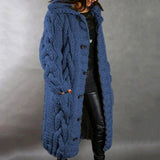 Damen Strickjacke Mantel Lang | Mit Kapuze Grobstrick – Blau