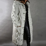 Damen Strickjacke Mantel Lang | Mit Kapuze Grobstrick – Silbergrau