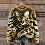 Zohara – Kunstfellpullover Mit Katzenprint – Khaki