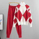 Geometrisches Damen-Set mit Pullover und Jogginghose – Rot