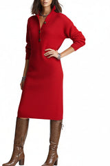 Geripptes Damen-Midikleid aus Strick mit Knopfleiste – Rot