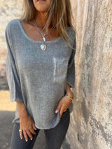 Nadine | Damen 3/4-Arm-Shirt Rundhals mit Brusttasche – Grau