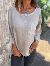 Nadine | Damen 3/4-Arm-Shirt Rundhals mit Brusttasche – Aprikose