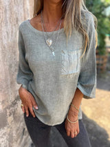 Nadine | Damen 3/4-Arm-Shirt Rundhals mit Brusttasche – Hellgrün