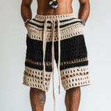 Gestreifte Herren-Shorts mit Lochmuster und Kordelzug – Schwarz