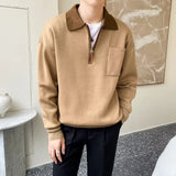 Bequemer premium-herrenpullover mit umgekehrtem kragen mit halbem reißverschluss – Braun